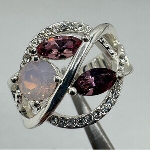 Swarovski Elements Crystal Ring Pink Purple Rhinestone Silver Sz 8 Boho